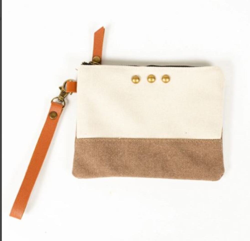 Tan Contrast Canvas Wristlet Pouch